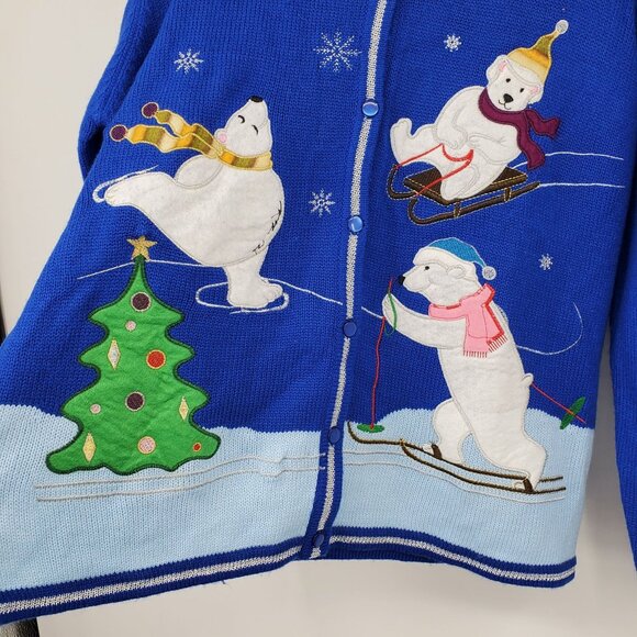 Polar Bear Christmas Y2K Cottage Skiing Graphic Button Up Cardigan Sweater Large - Picture 6 of 8
